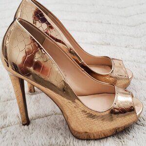 Qupid Rose Gold Snake Print Peep Toe Platform High Heels